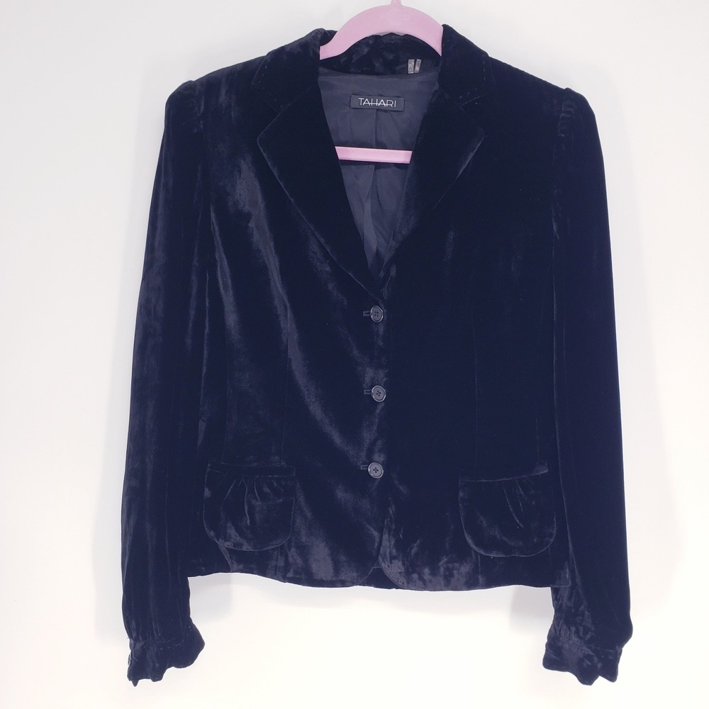 Tahari Black Velvet Silk Blend Blazer Jacket Women Size M Black Holiday Gothic
